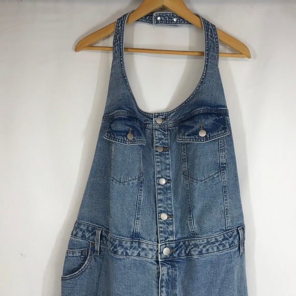 Universal Thread Denim Halter Maxi Dress Medium Wash Size 24 Button Front Slit - Picture 2 of 10